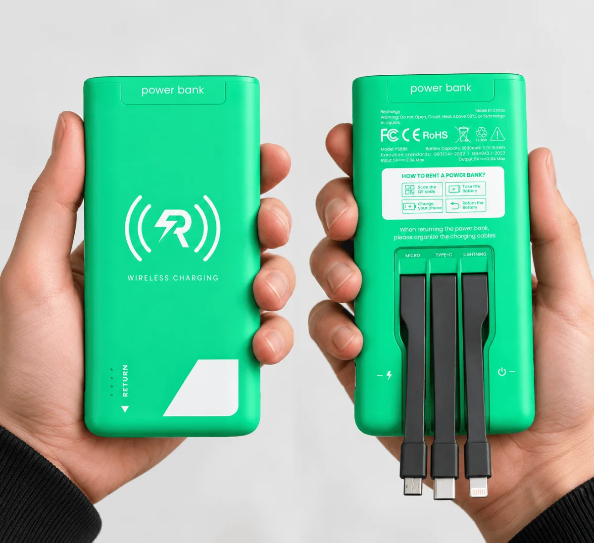 Rechargy Powerbank mit Wireless Charging und integrierten Kabeln (USB-C, Lightning, Micro-USB)