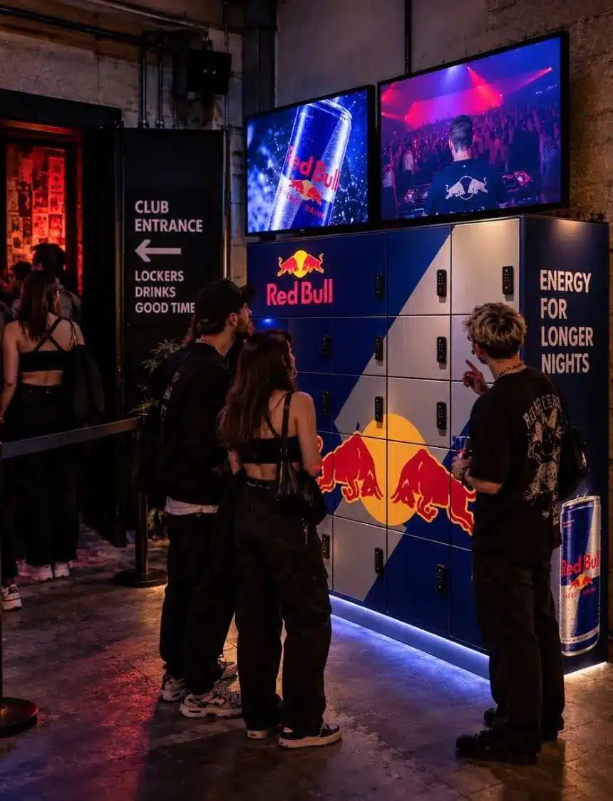 Smarte Club-Garderobe mit Red Bull Branding und Screens