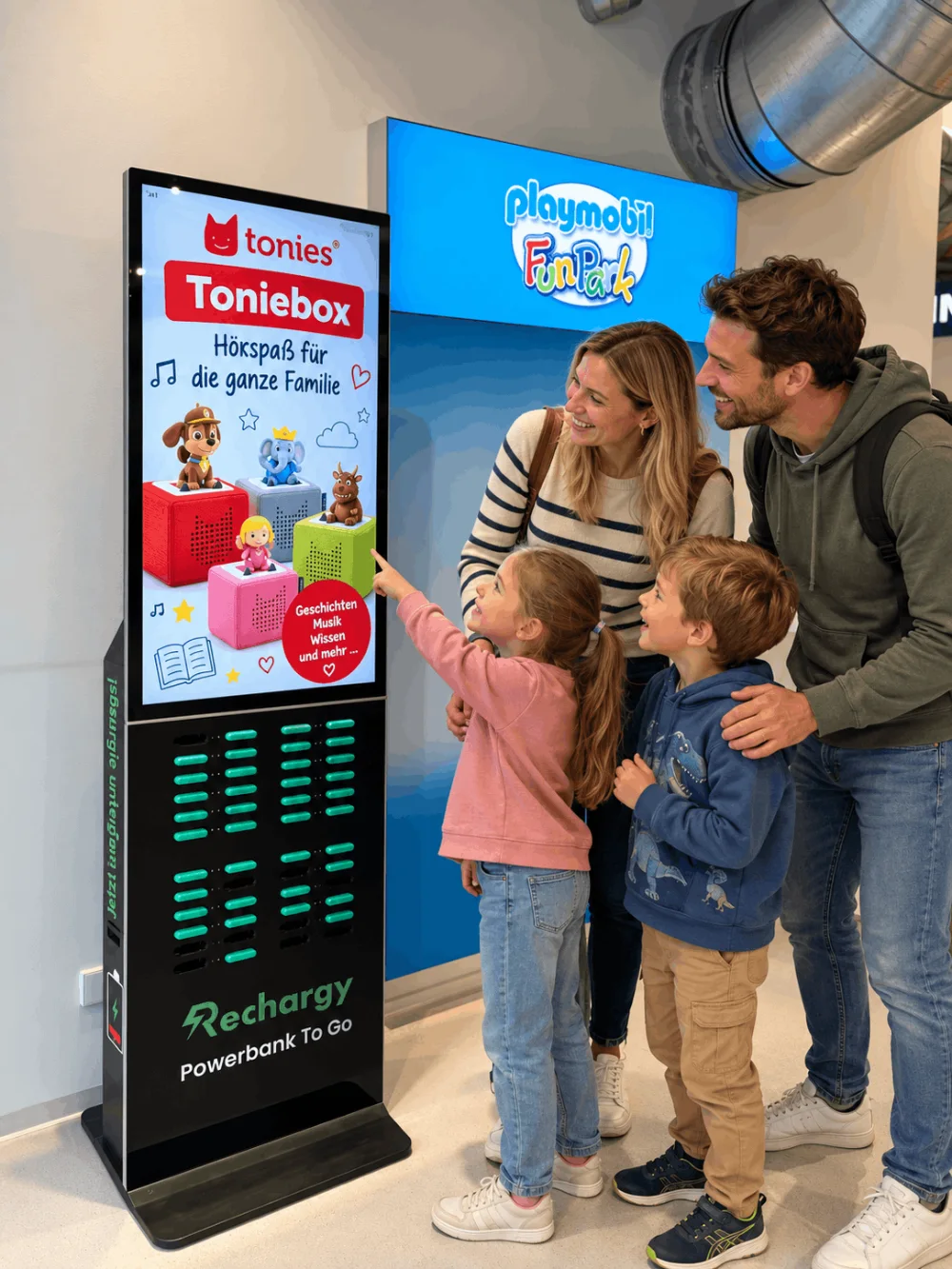 Familie vor einer Rechargy Station mit Tonies Werbung auf dem 43-Zoll-Screen