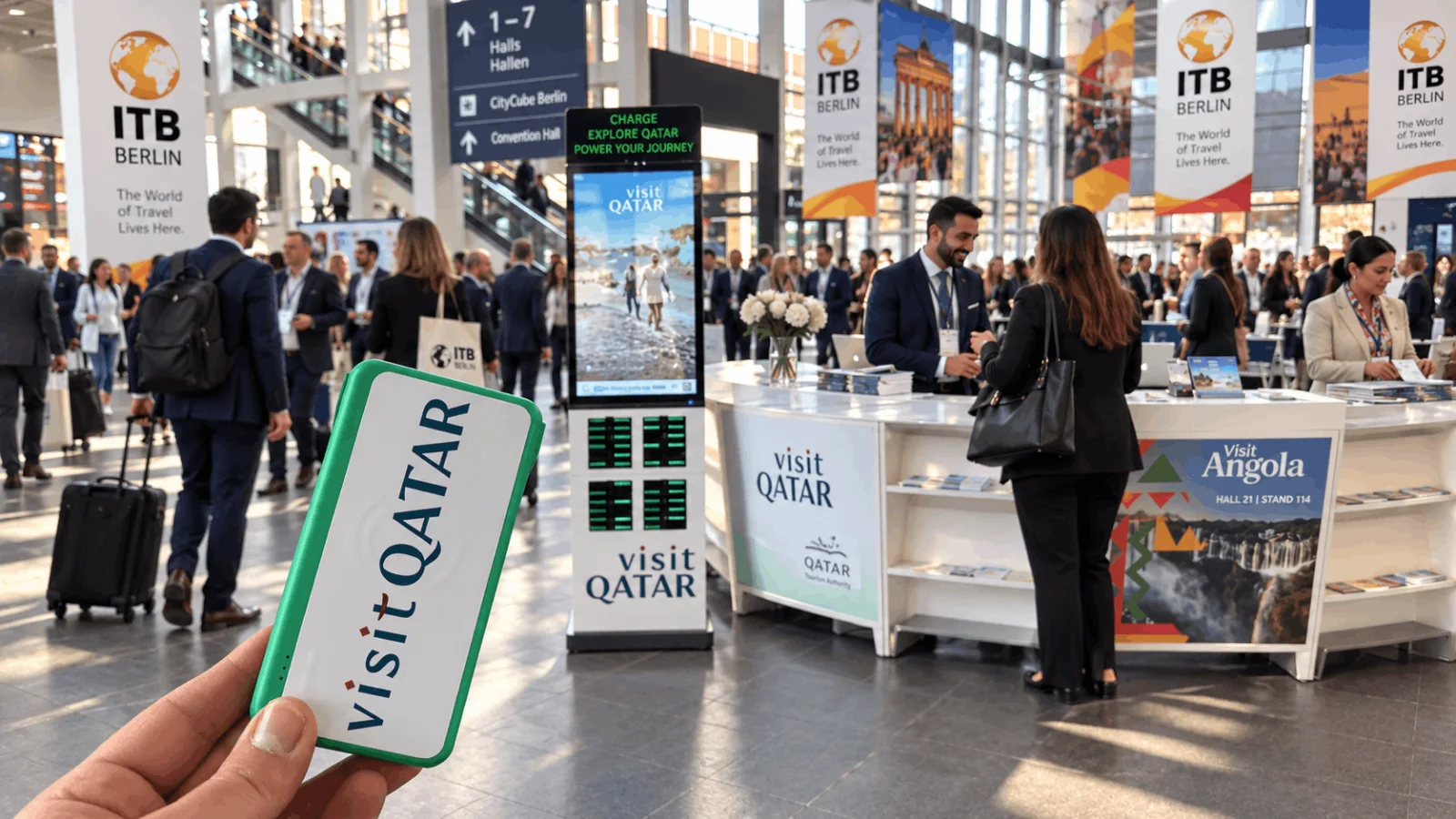 Visit Qatar Branding mit Rechargy Powerbank-Station auf einer Messe