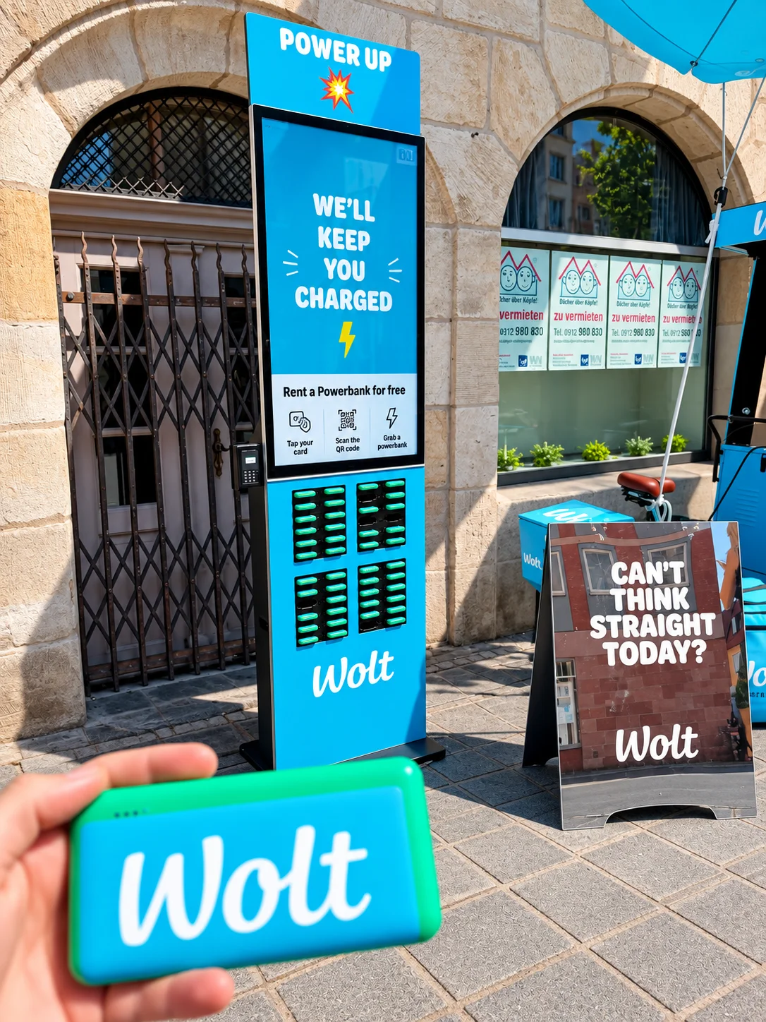 Wolt gebrandete Rechargy Station mit Powerbank in der Hand