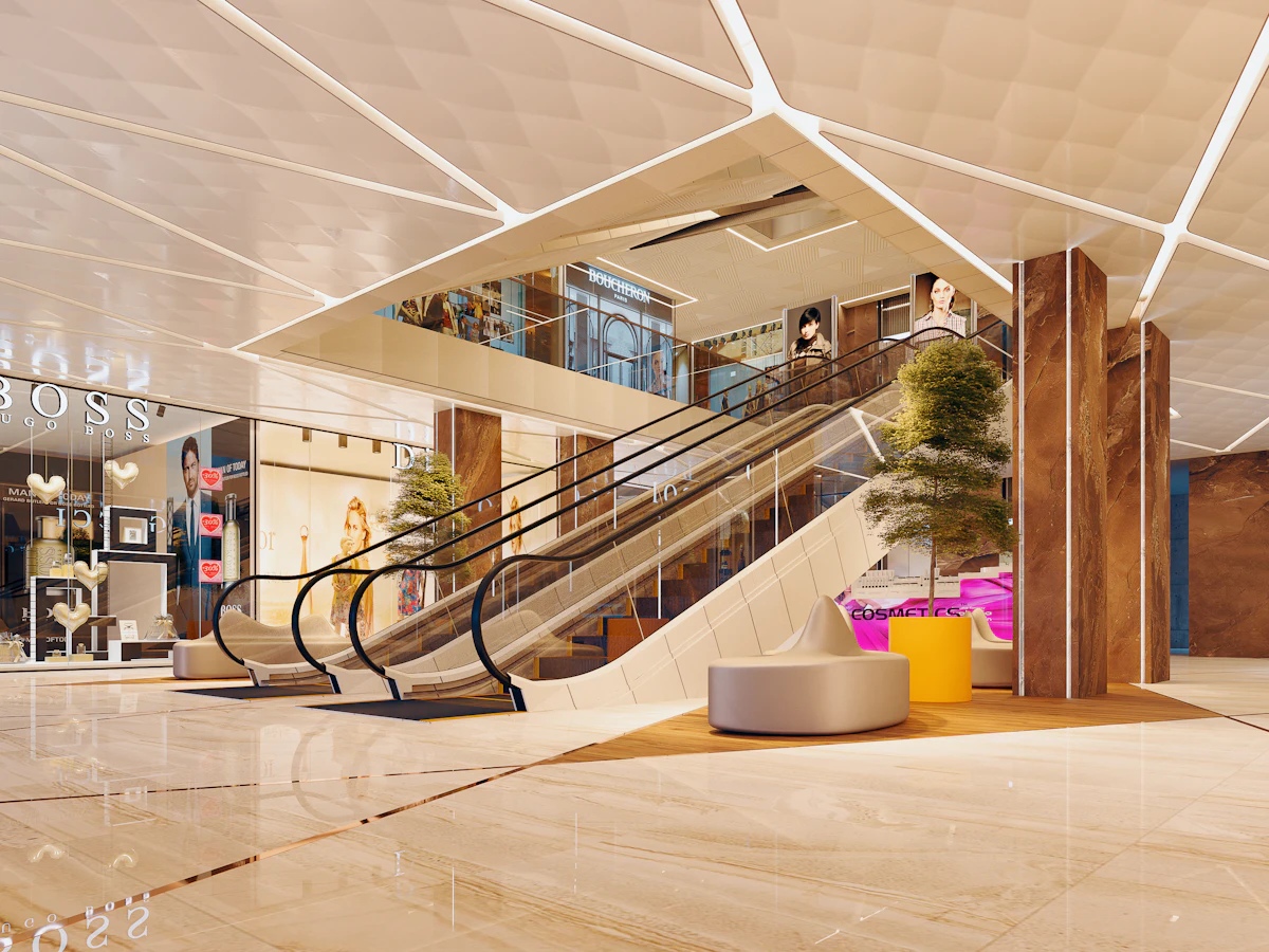 Shopping-Center mit Rolltreppen und Geschäften